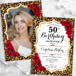 Leopard Print Gold White Foto 50. Geburtstag Einladung<br><div class="desc">Elegante weibliche 50. Geburtstagseinladung mit Ihrem Foto auf der Kartenrückseite. Glam-Design mit tierischem Leopardenprint und Imitaten Glitzer Gold. Enthält rote Rosen,  Skript-Schriftart und Konfetti. Ideal für ein stilvolles Party für Erwachsene. Personalisieren Sie Ihre persönlichen Daten. Kann für jedes Alter angepasst werden! Gedruckte Zazzle Einladungen oder Sofortdownload digitalen druckbaren Vorlage.</div>