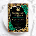 Leopard Print Green Rose 40. Geburtstag Einladung<br><div class="desc">40. Geburtstagsfeier Party Einladung. Elegantes florales smaragdgrünes Design mit Imitaten Glitzer Gold und Rose. Features Leopard Gepard-Tier Druck und Skript-Schriftart. Ideal für eine stilvolle Damenfeier. Kann für jedes Alter angepasst werden! Gedruckte Zazzle Einladungen oder Sofortdownload digitalen druckbaren Vorlage.</div>