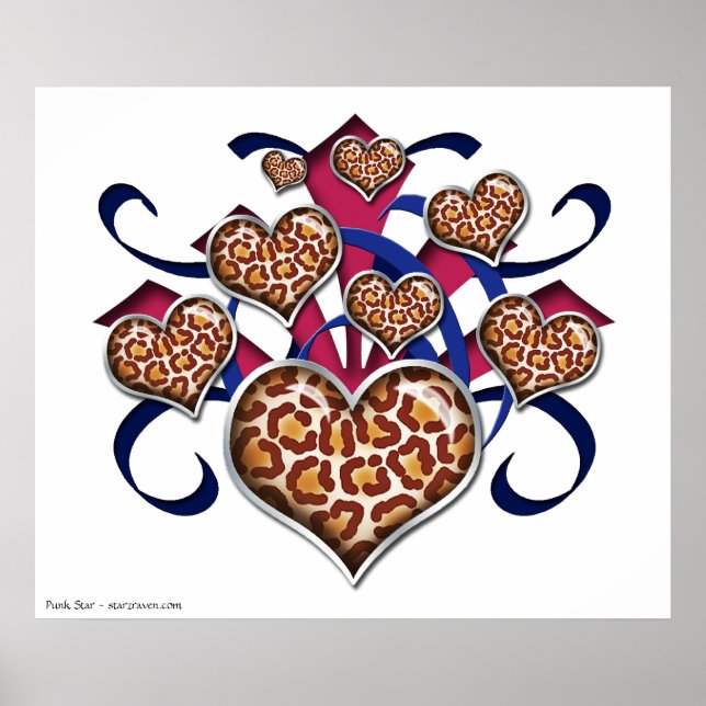 Leopard Print Hearts Pink & Blue Burst Poster (Vorne)
