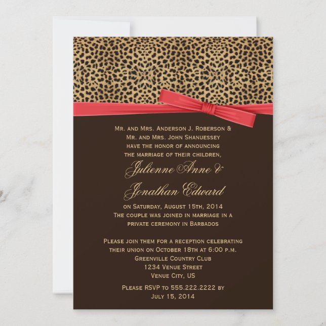 Leopard Print IMITATE Red Ribbon Post Hochzeit Einladung (Vorderseite)