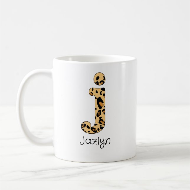 Leopard Print Initial j Lowercase und Name Kaffeetasse (Links)