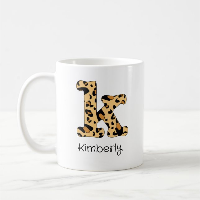Leopard Print Initial k Lowercase und Name Kaffeetasse (Links)