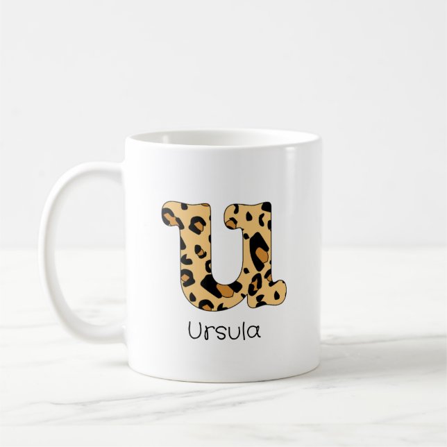 Leopard Print Initial u Lowercase und Name Kaffeetasse (Links)