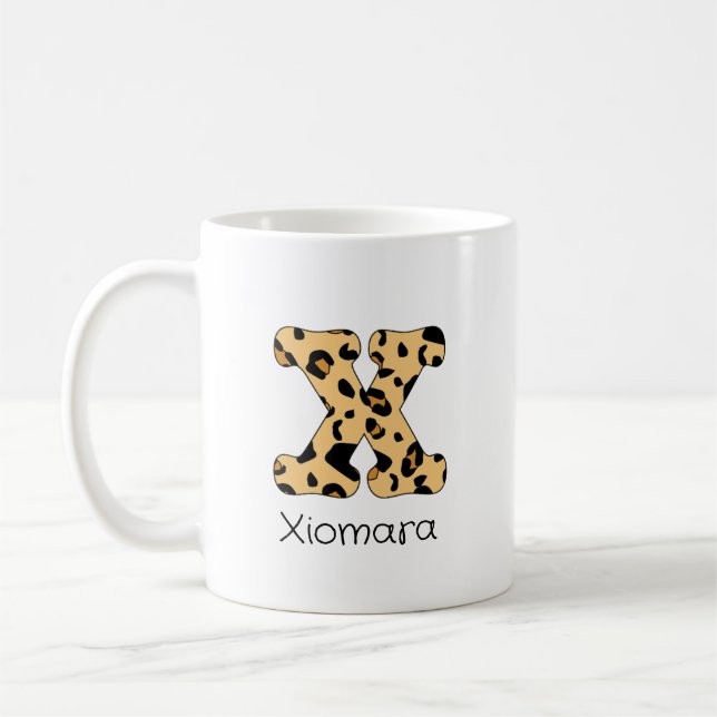 Leopard Print Initial x Lowercase und Name Kaffeetasse (Links)