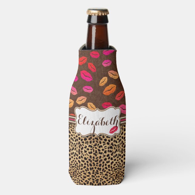 Leopard Print Lips Kisses Personalisiert Flaschenkühler (Flaschenvorderseite)