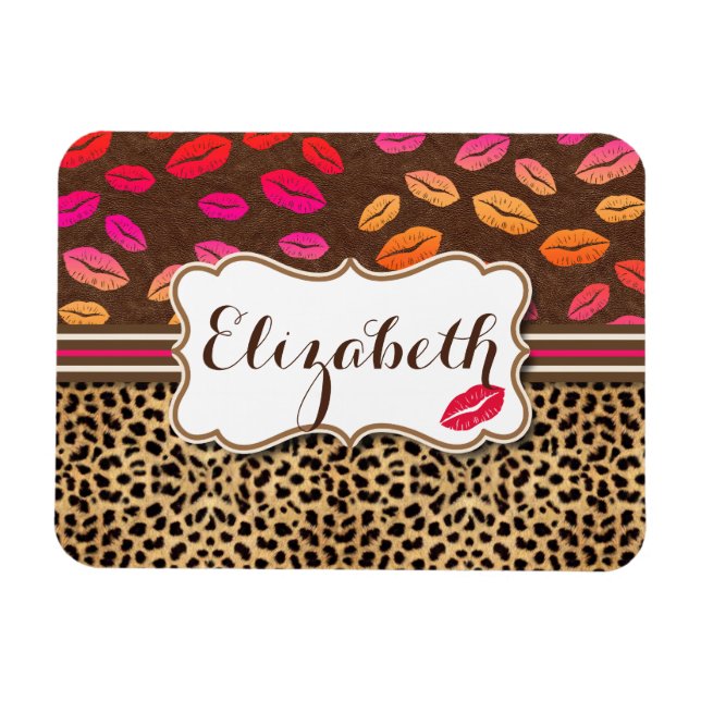 Leopard Print Lips Kisses Personalisiert Magnet (Horizontal)