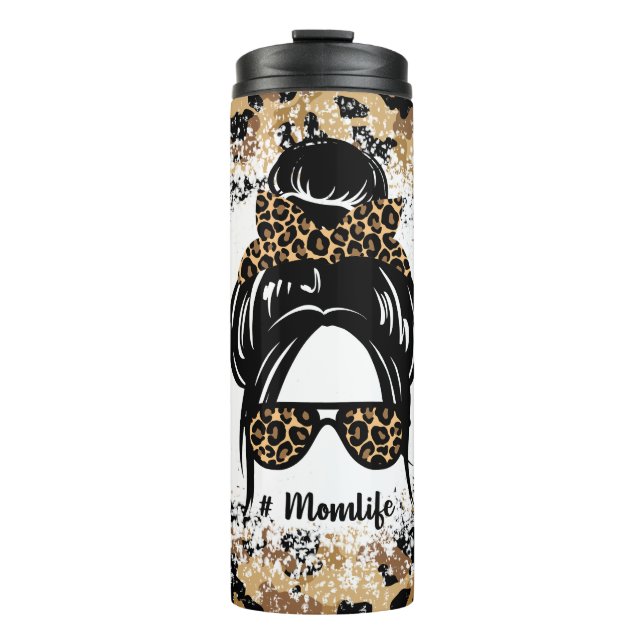 Leopard Print Messy Bun #Momlife Thermosbecher (Vorderseite)