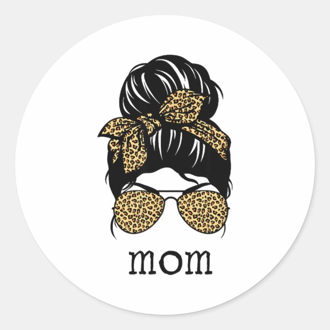 Leopard Print Messy Hair Bun Mom  Runder Aufkleber (Vorderseite)