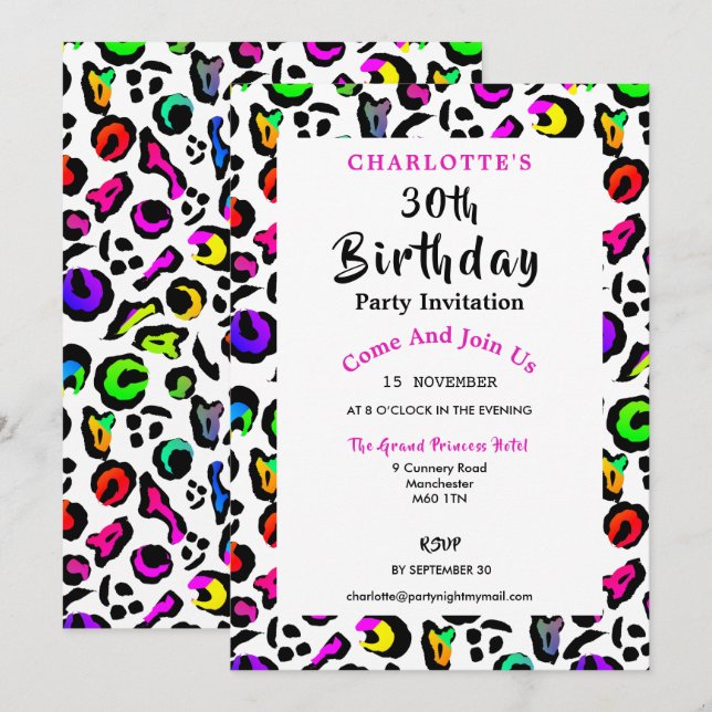 Leopard Print Modern Colorful Birthday Celebration Einladung (Vorne/Hinten)