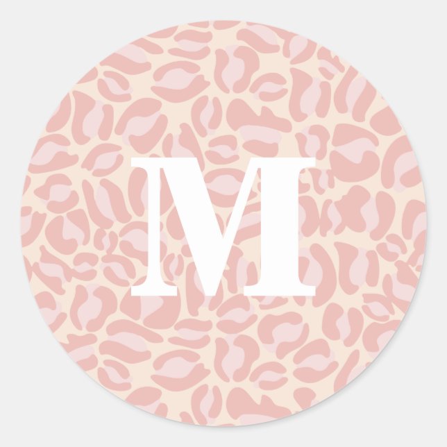 Leopard Print Monogram Classic Pink Jungle Party Runder Aufkleber (Vorderseite)