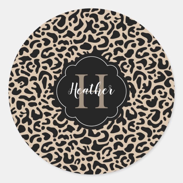 Leopard Print Monogram Classic Round Aufkleber (Vorderseite)