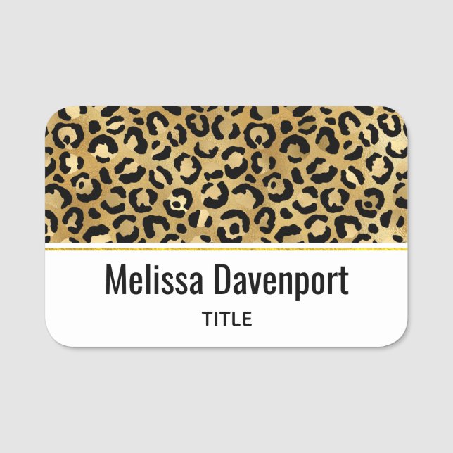 Leopard Print Muster in Gold und Schwarz Namensschild (Vorderseite)