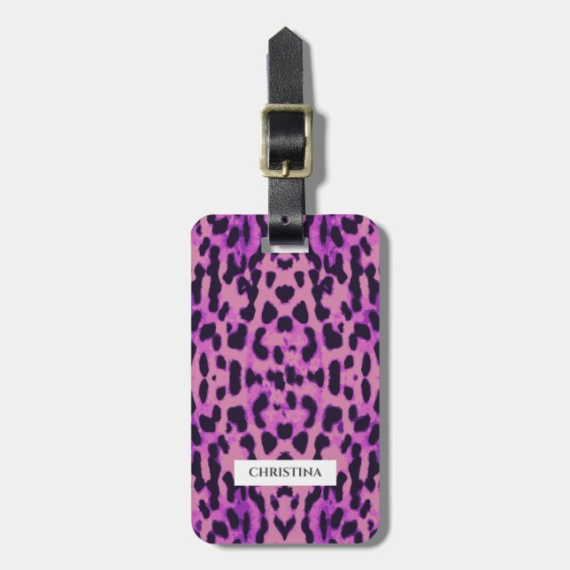 Leopard Print Muster Lila Elegant Personalisiert Gepäckanhänger (Vorderseite vertikal)