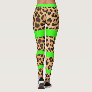 Leopard Print Neon Green Strip Leggings