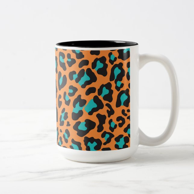 Leopard Print Orange, Black, Aqua Zweifarbige Tasse (Rechts)