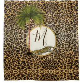 Leopard Print Pattern Palm Tree Elegantes Monogram Duschvorhang