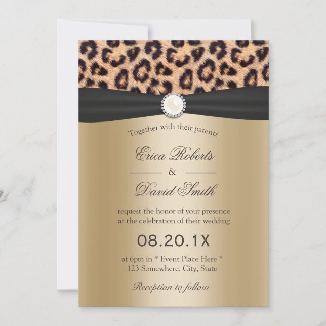 Leopard Print Pearl & Black Ribbon Elegante Hochze Einladung (Vorderseite)