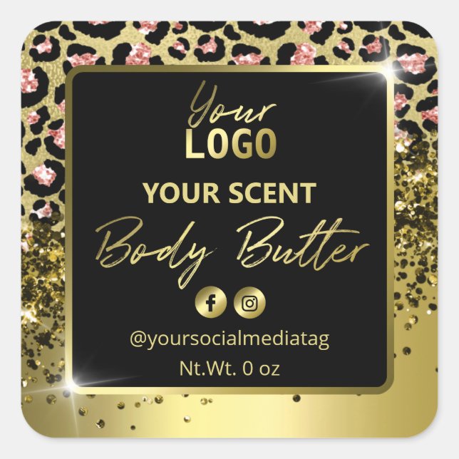 Leopard Print Pink Black Gold Body Butter Labels Quadratischer Aufkleber (Vorderseite)