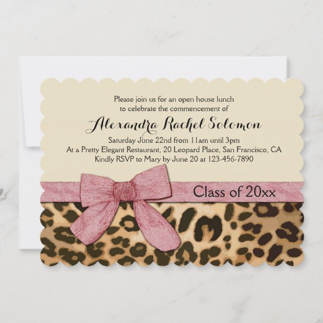 Leopard Print Pink Bow Abschluss/Party Einladung (Vorderseite)