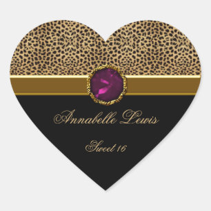 Leopard Print Pink Jewel Sweet 16 Heart Sticke Herz-Aufkleber