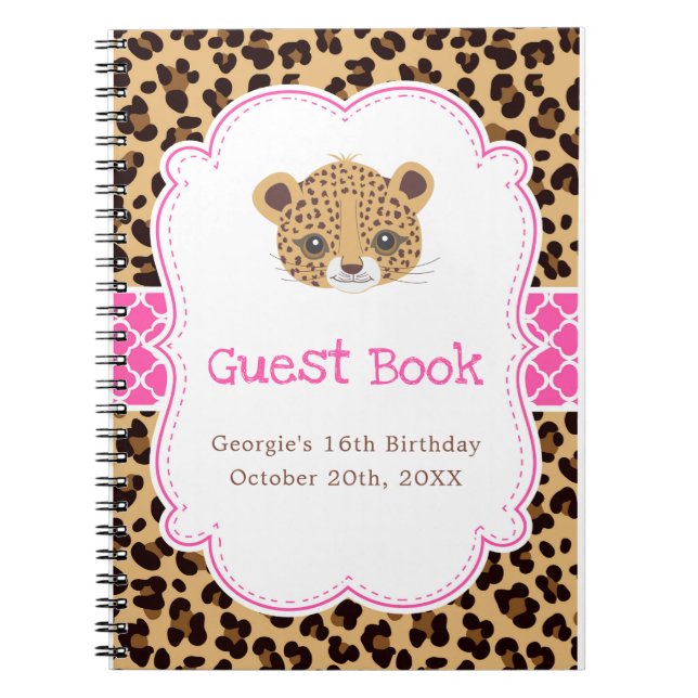 Leopard Print Pink Quatrefoil Birthday Guest Book Notizblock (Vorderseite)