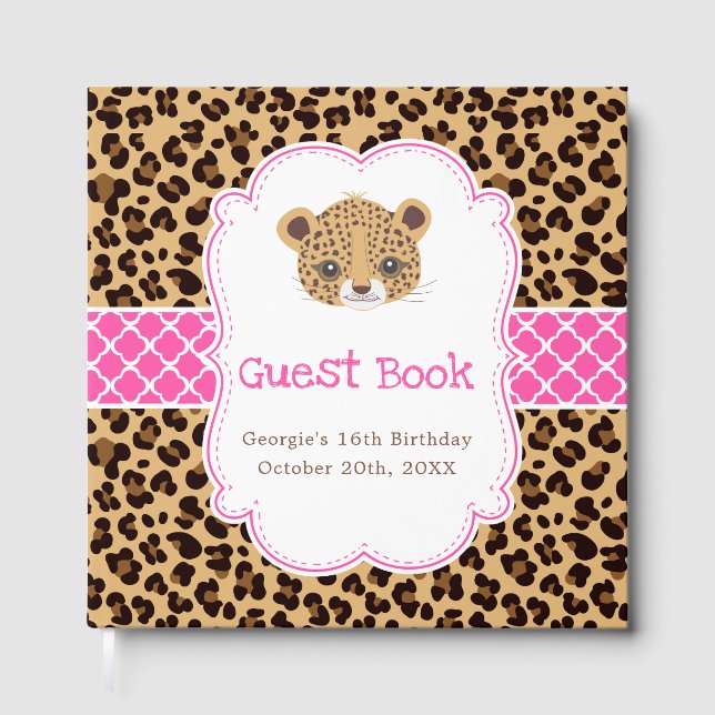 Leopard Print Pink Quatrefoil Birthday Party Gästebuch (Vorderseite)