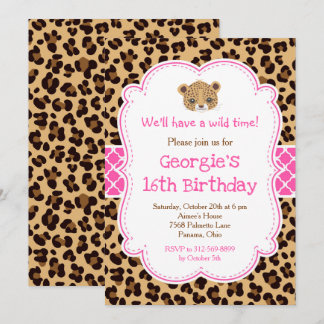 Leopard Print Pink Quatrefolie Geburtstagsparty Einladung