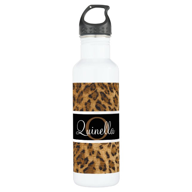 Leopard Print Q Monogramm Initialen Wasser Flasche Edelstahlflasche (Vorderseite)