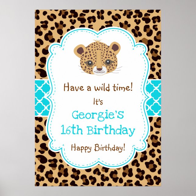 Leopard Print Quatfolie Birthday Poster Blue (Vorne)