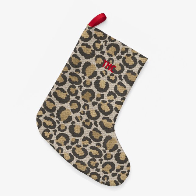 Leopard Print Red Monogram INITIALS Chic Holiday Kleiner Weihnachtsstrumpf (Vorderansicht (hängend))