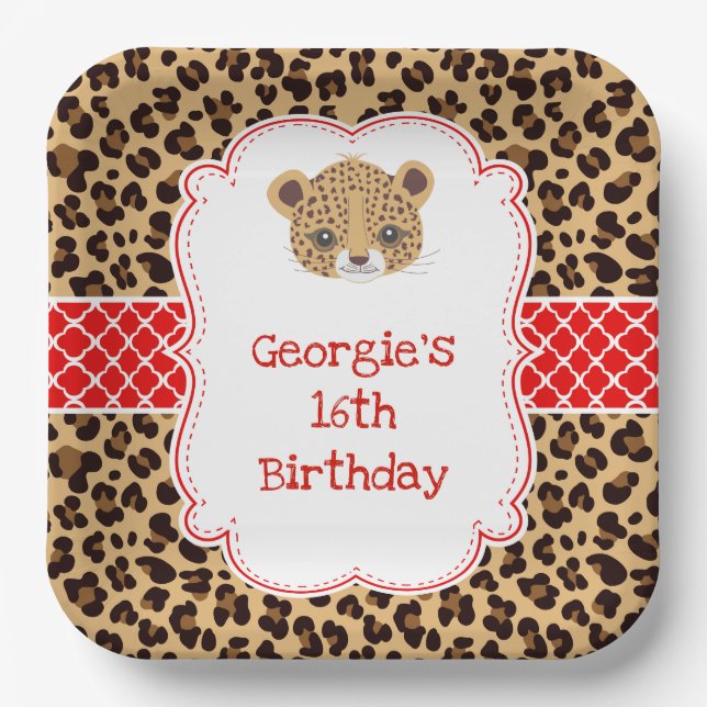 Leopard Print Red Quarter Birthday Party Pappteller (Vorderseite)