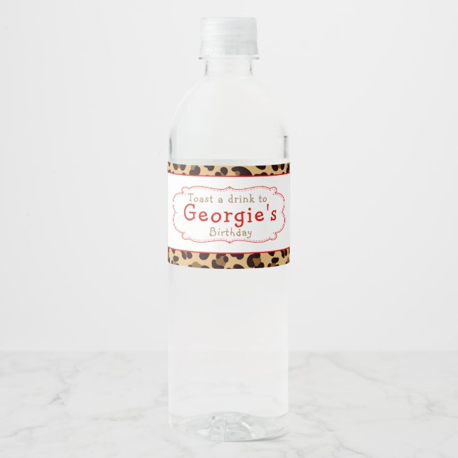 Leopard Print Red Quarter Birthday Party Wasserflaschenetikett (Vorderseite)