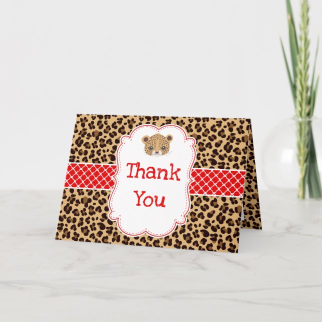 Leopard Print Red Quatrefoil Geburtstag 'Danke' Dankeskarte (Vorderseite)