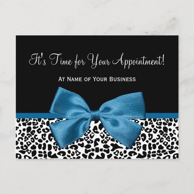 Leopard Print Salon Ernennung Erinnerung Blue Bow Postkarte (Vorderseite)