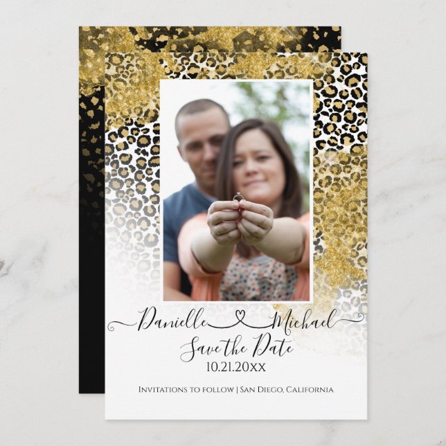 Leopard Print Script Heart Gold Glitzer Save The Date (Vorne/Hinten)