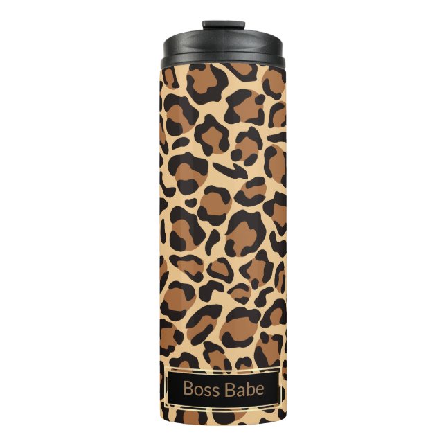 Leopard Print Seamless Muster Individuelle Name Thermosbecher (Vorderseite)