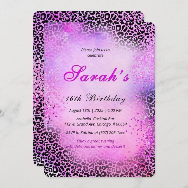 Leopard Print Sweet 16 Pink Glitzer Einladung (Vorne/Hinten)