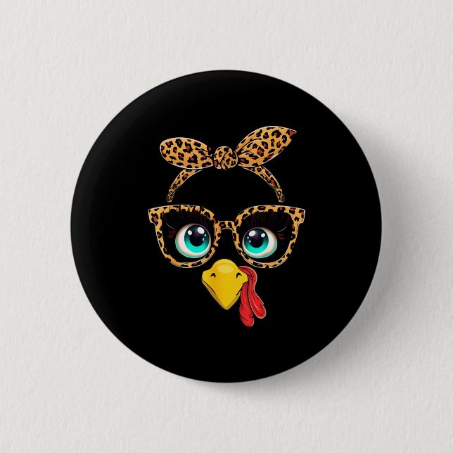 Leopard Print Thanksgiving Funny Turkey Face Gles  Button (Vorderseite)