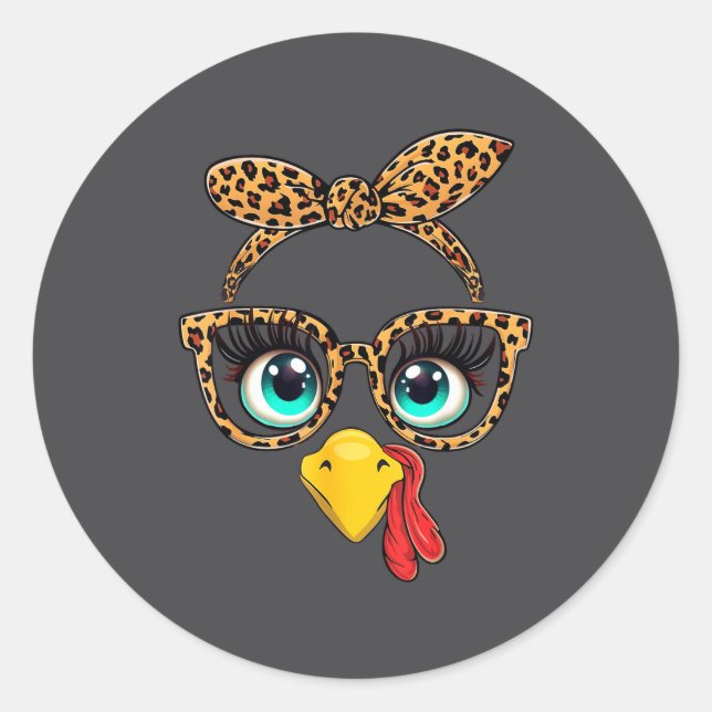 Leopard Print Thanksgiving Funny Turkey Face Gles  Runder Aufkleber (Vorderseite)