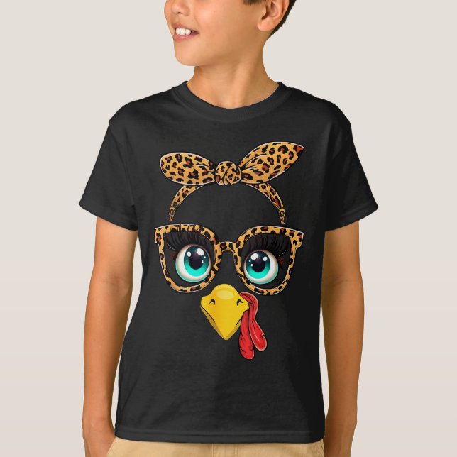 Leopard Print Thanksgiving Funny Turkey Face Gles  T-Shirt (Vorderseite)