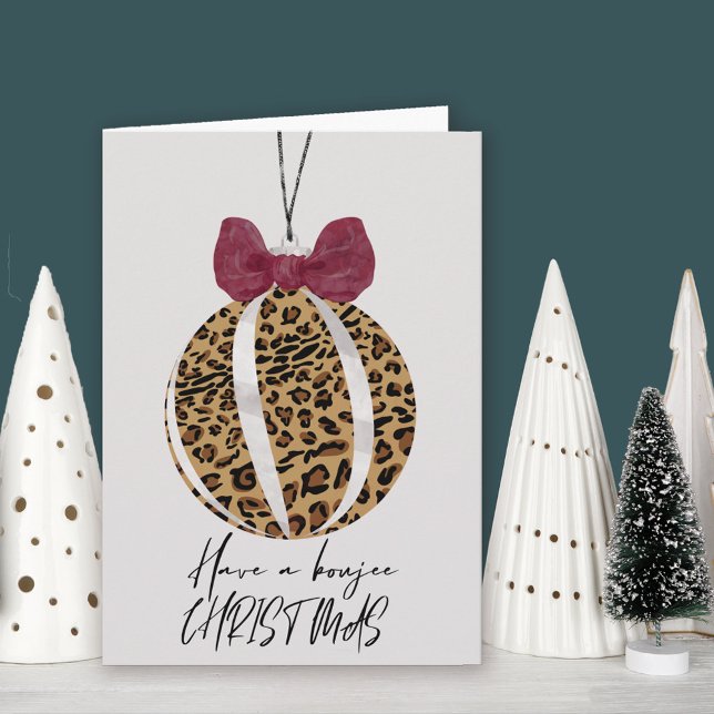 Leopard Print Tree Ornament Boujee Weihnachten Karte (Leopard Print Bauble Christmas Card. Buy professionally printed or as printable digital download.)