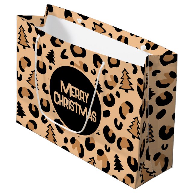 Leopard Print Weihnachtsmuster Große Geschenktüte (Vorderseite Schrägansicht)