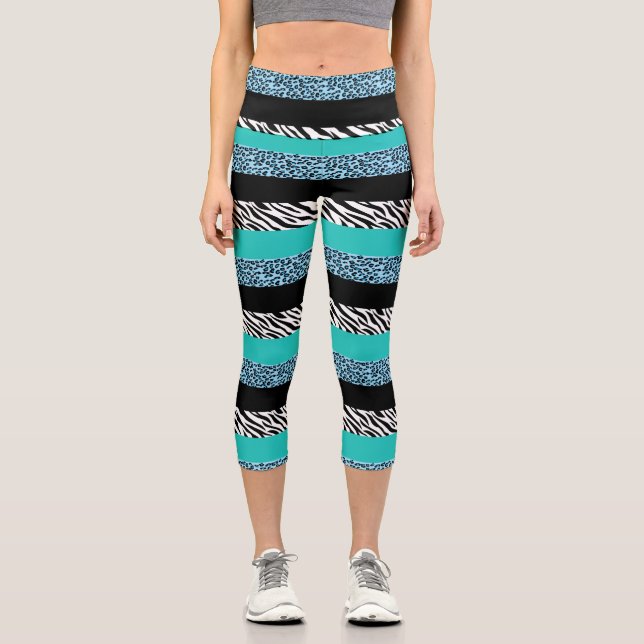 Leopard Print, Zebra Print, Animal Print, Blue Capri Leggings (Vorderseite)