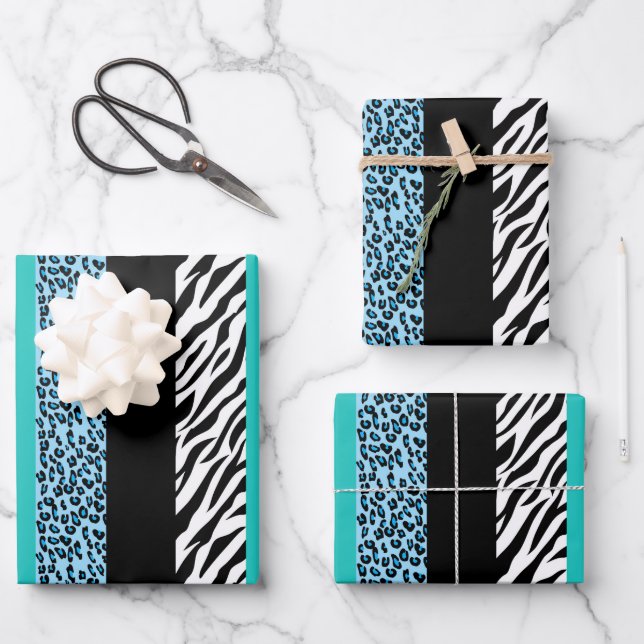Leopard Print, Zebra Print, Animal Print, Blue Geschenkpapier Set (Vorderseite)
