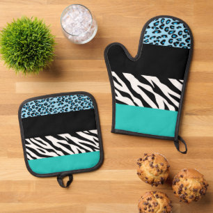 Leopard Print, Zebra Print, Animal Print, Blue Ofenhandschuh & Topflappen-Set