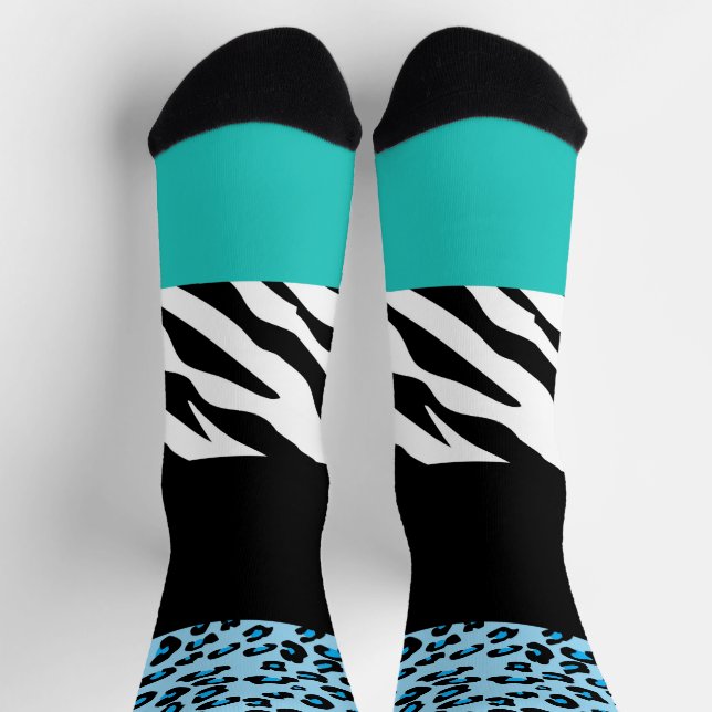 Leopard Print, Zebra Print, Animal Print, Blue Socken (Oben)