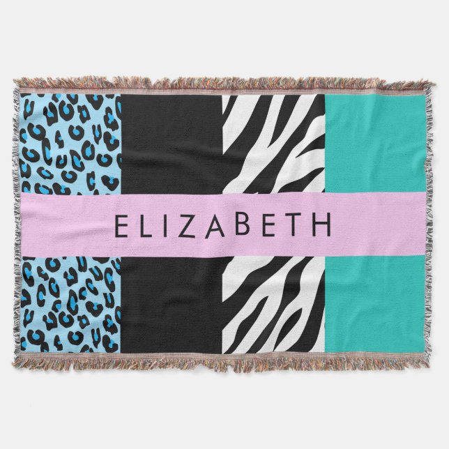 Leopard Print, Zebra Print, Blau, Ihr Name Decke (Vorderseite)