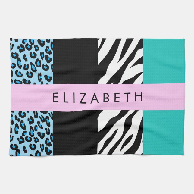 Leopard Print, Zebra Print, Blau, Ihr Name Geschirrtuch (Horizontal)