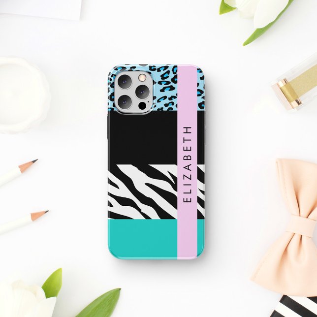 Leopard Print, Zebra Print, Blau, Ihr Name iPhone 16 Hülle (Von Creator hochgeladen)