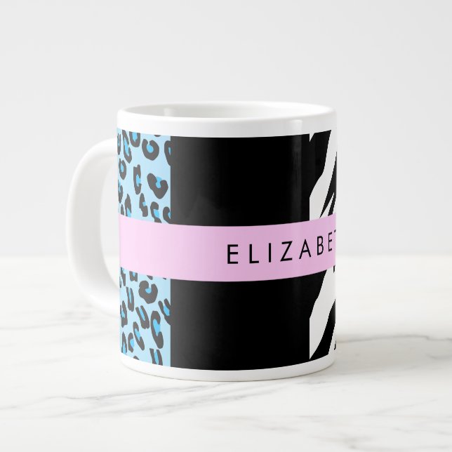 Leopard Print, Zebra Print, Blau, Ihr Name Jumbo-Tasse (Vorderseite Links)